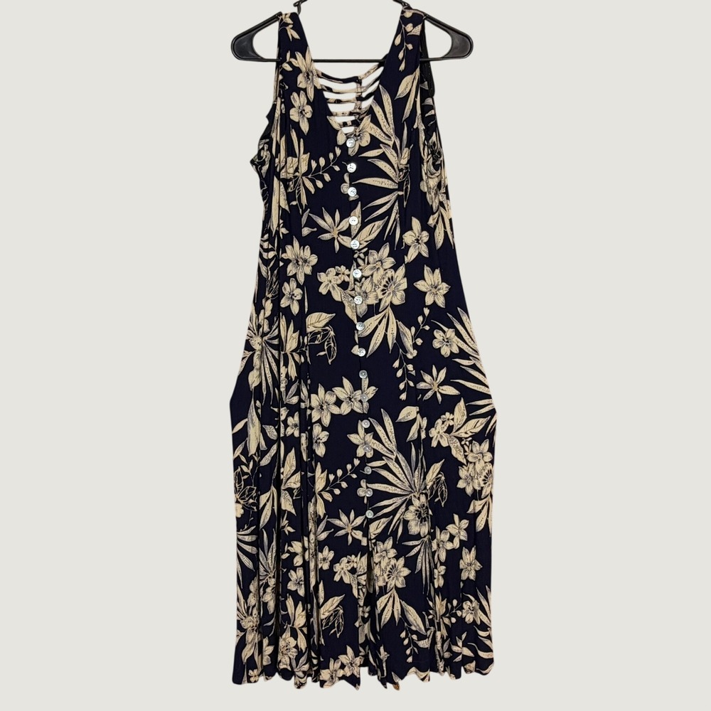 Vintage Dressbarn Navy Floral Button Front Maxi Dress Cage Back Rayon 14